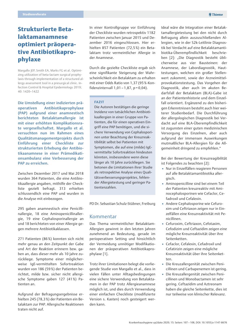 Vorschauseite 1: Strukturierte Betalaktam-Anamnese optimiert präoperative Antibiotikaprophylaxe