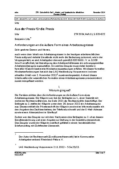 Vorschauseite 1: Aus der Praxis für die Praxis: Anforderungen an die äußere Form eines Arbeitszeugnisses.