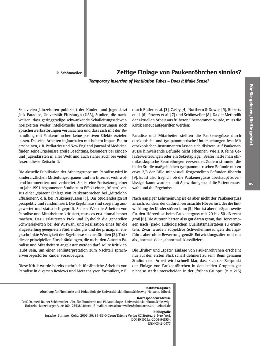 Vorschauseite 1: Zeitige Einlage von Paukenröhrchen sinnlos?