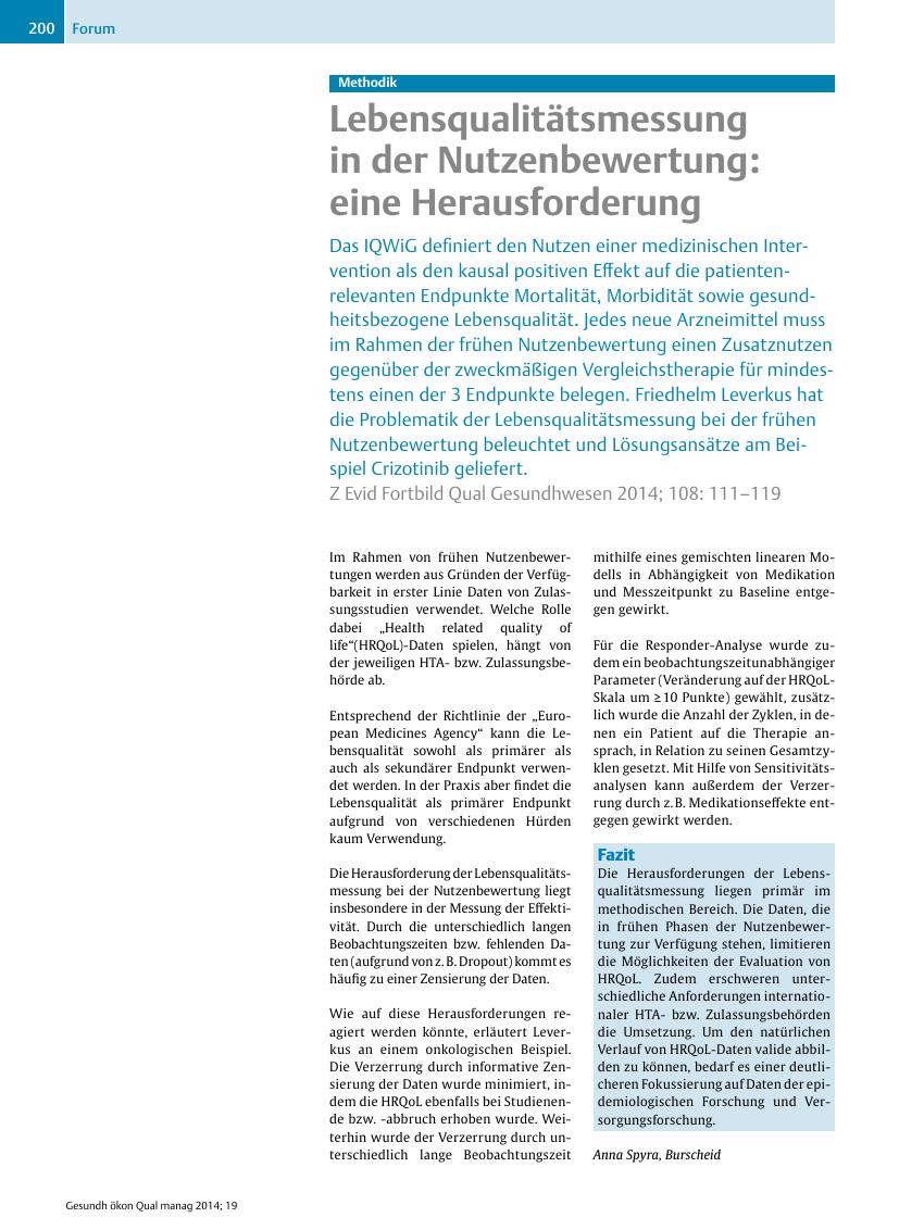 Vorschauseite 1: Methodik – Lebensqualitätsmessung in der Nutzenbewertung: eine Herausforderung