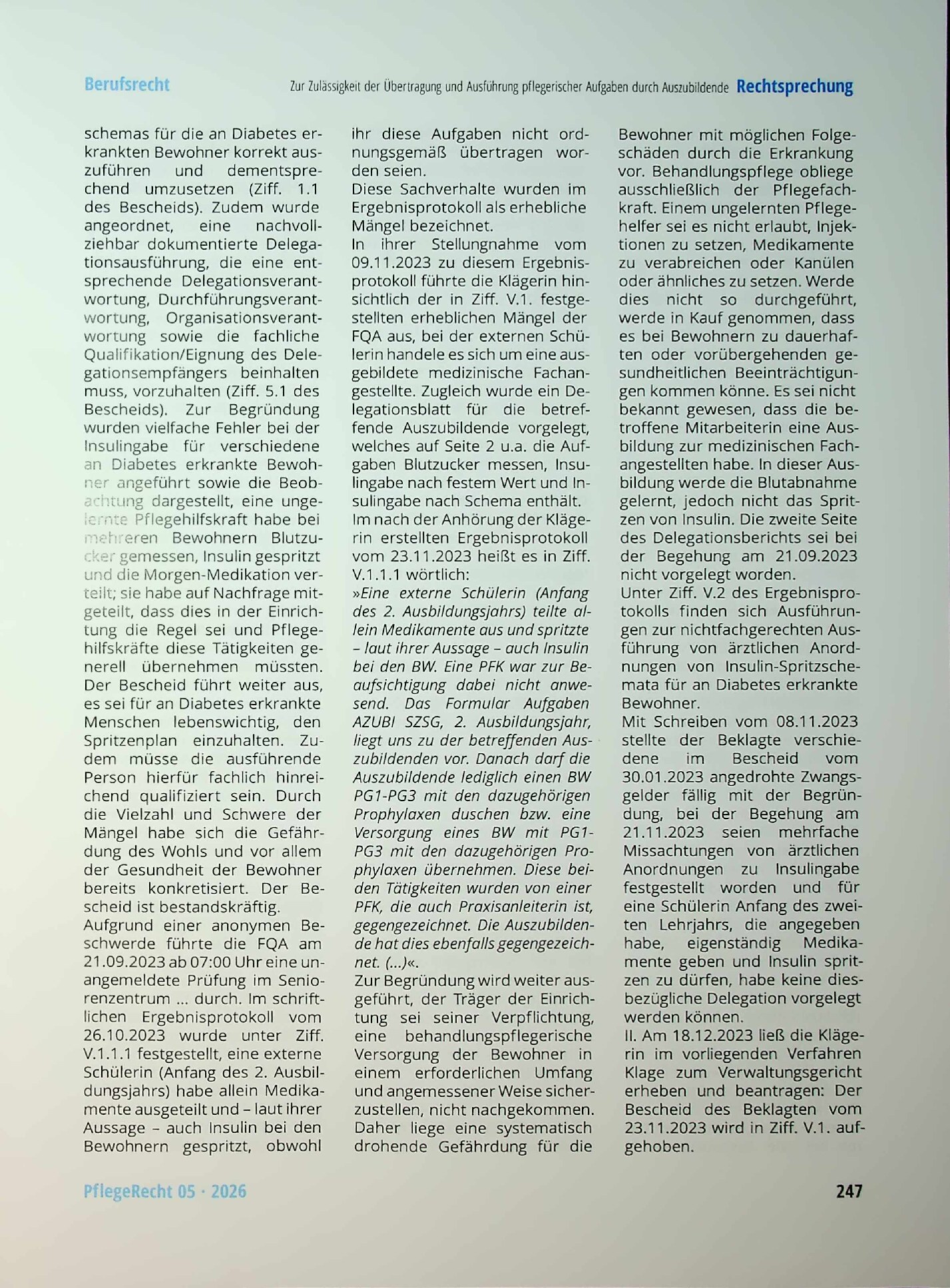 Vorschauseite 2: Zur Zulässigkeit der Übertragung und Ausführung pflegerischer Aufgaben durch Auszubildende im zweiten Ausbildungsjahr