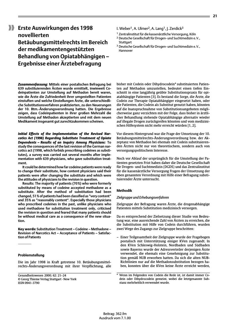 Vorschauseite 1: Erste Auswirkungen des 1998 novellierten Betäubungsmittelrechts im Bereich der medikamentengestützten Behandlung von Opiatabhängigen - Ergebnisse einer Ärztebefragung