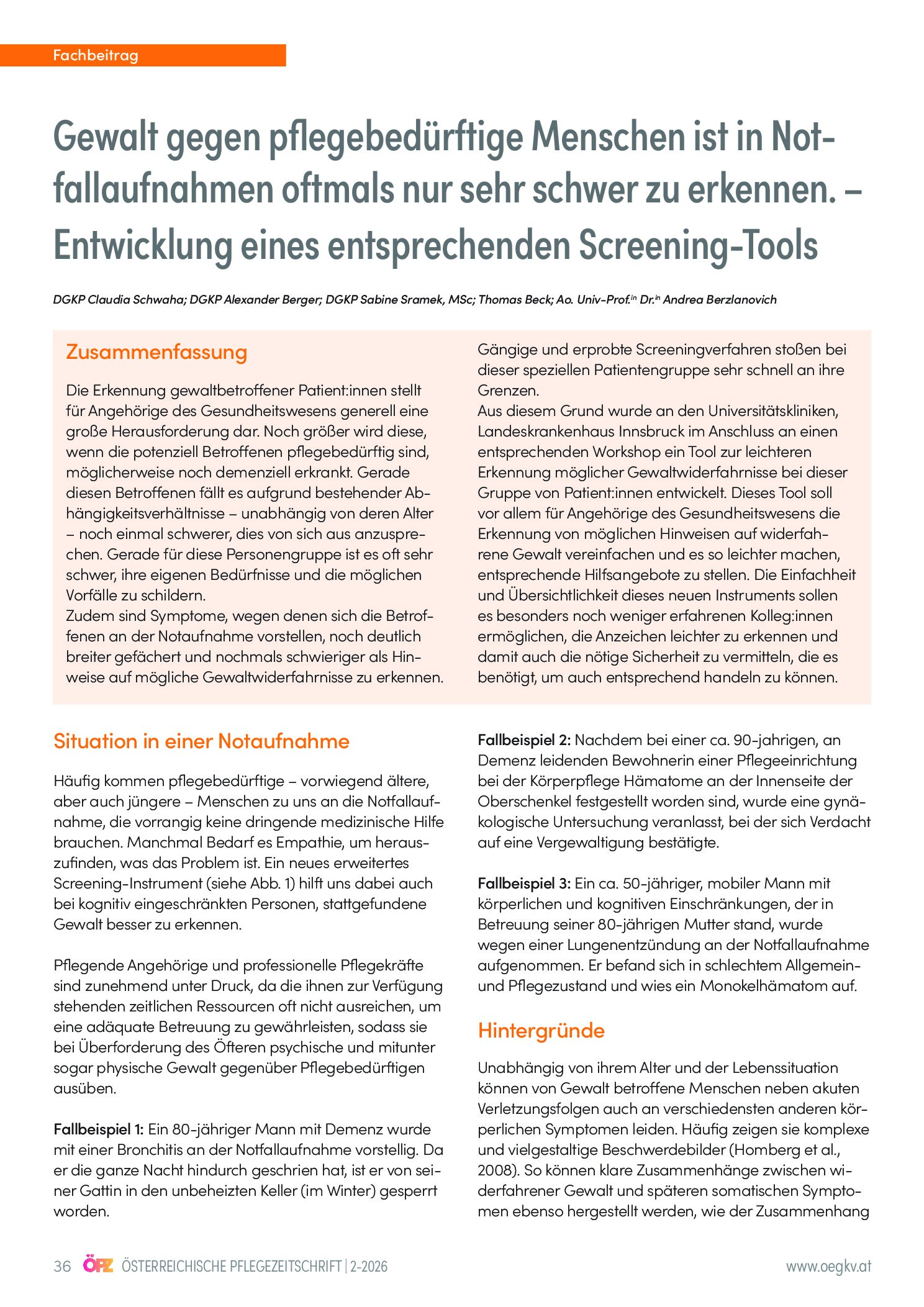 Vorschauseite 1: Gewalt gegen pflegebedürftige Menschen ist in Notfallaufnahmen oftmals nur sehr schwer zu erkennen – Entwicklung eines entsprechenden Screening-Tools