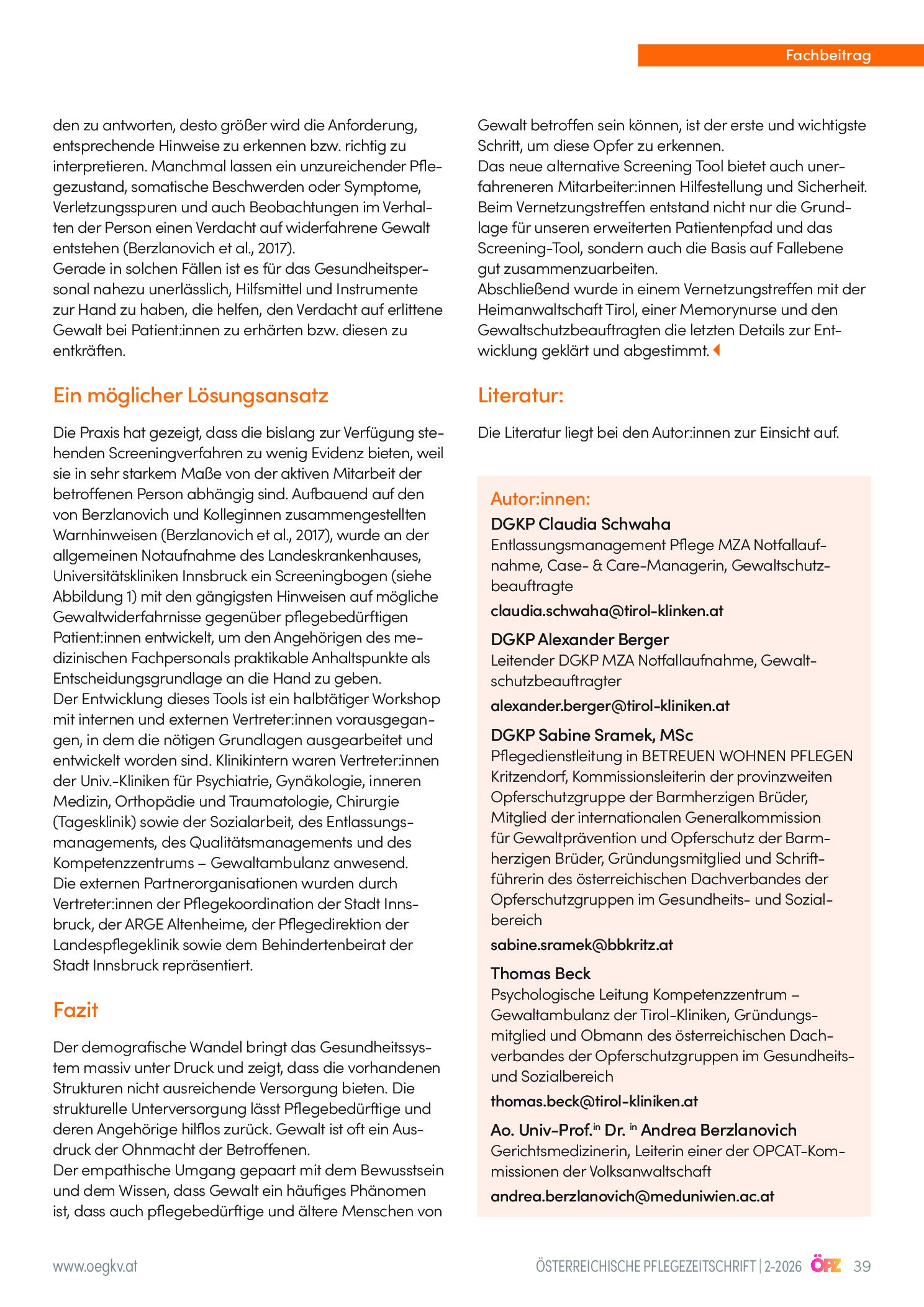 Vorschauseite 4: Gewalt gegen pflegebedürftige Menschen ist in Notfallaufnahmen oftmals nur sehr schwer zu erkennen – Entwicklung eines entsprechenden Screening-Tools