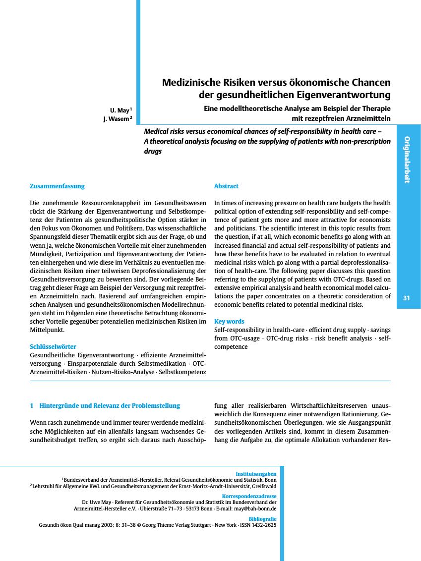 Vorschauseite 1: Medizinische Risiken versus ökonomische Chancen der gesundheitlichen Eigenverantwortung