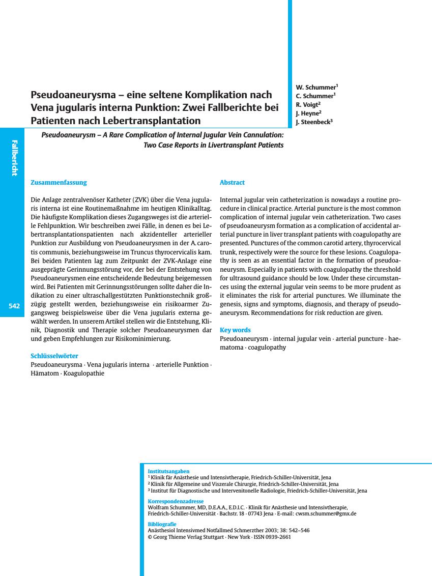 Vorschauseite 1: Pseudoaneurysma - eine seltene Komplikation nach Vena jugularis interna Punktion: Zwei Fallberichte bei Patienten nach Lebertransplantation
