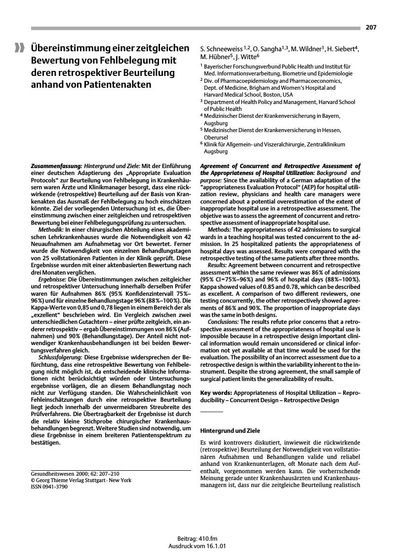 Vorschauseite 1: Übereinstimmung einer zeitgleichen Bewertung von Fehlbelegung mit deren retrospektiver Beurteilung anhand von Patientenakten