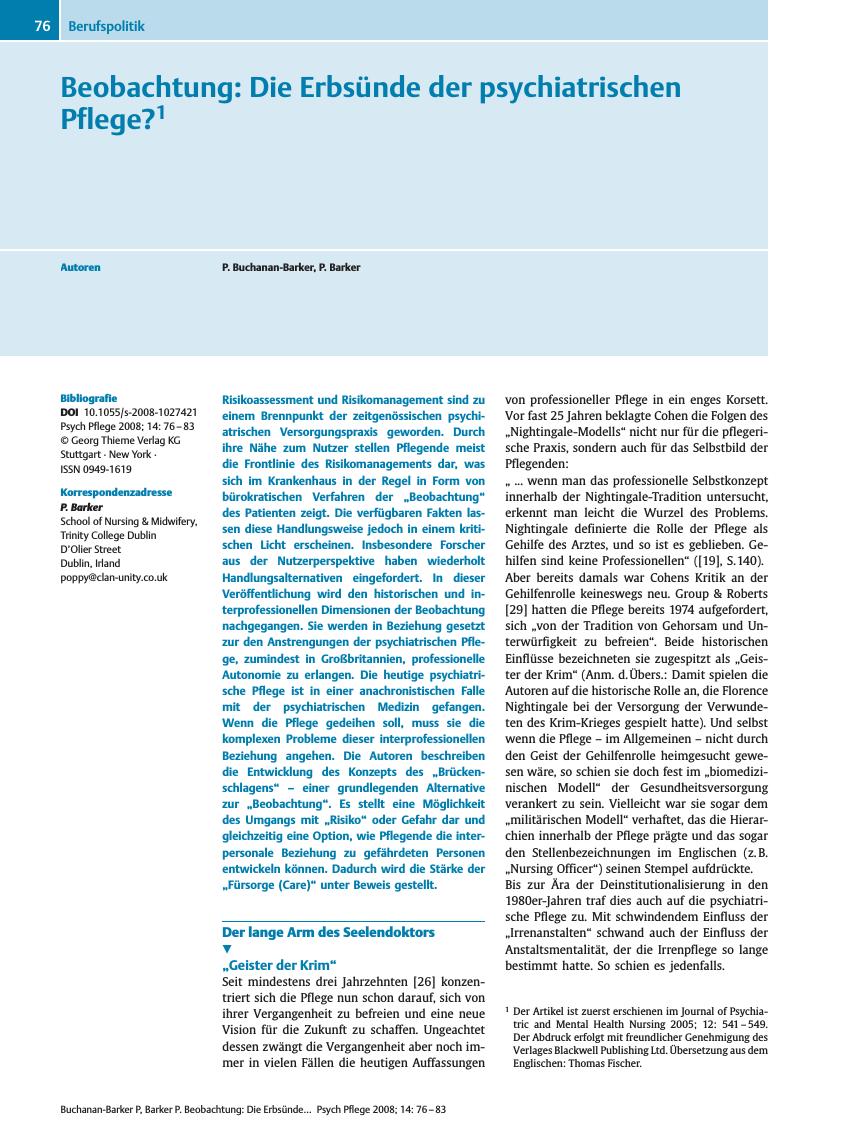 Vorschauseite 1: Beobachtung: Die Erbsünde der psychiatrischen Pflege?