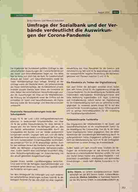Vorschauseite 1: Umfrage der Sozialbank und der Verbände verdeutlicht die Auswirkungen der Corona-Pandemie