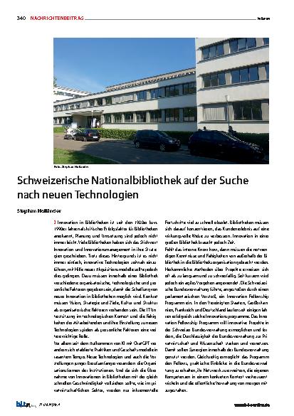 Vorschauseite 1: Schweizerische Nationalbibliothek auf der Suche nach neuen Technologien