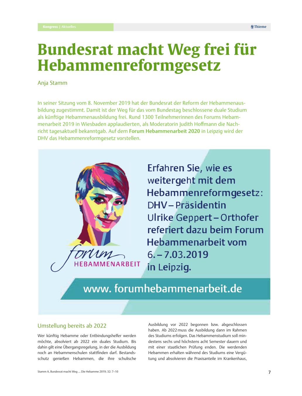 Vorschauseite 1: Bundesrat macht Weg frei für Hebammenreformgesetz