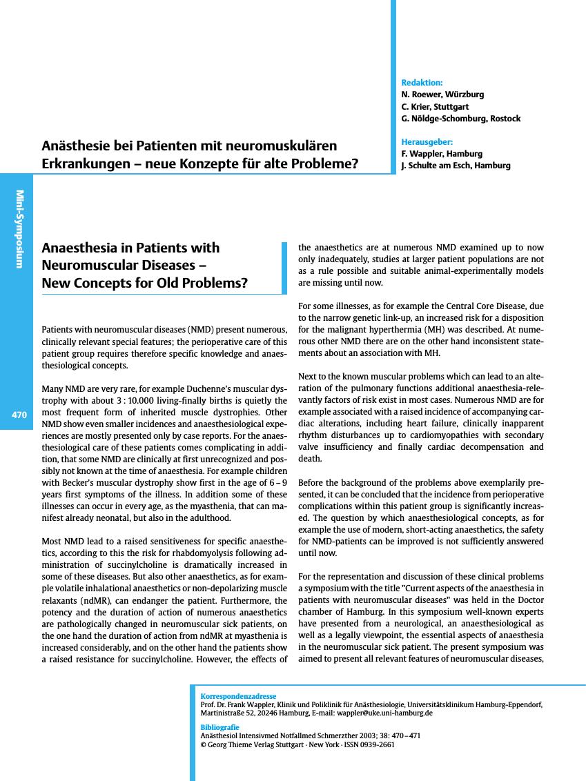 Vorschauseite 1: Anaesthesia in Patients with Neuromuscular Diseases -New Concepts for Old Problems?
