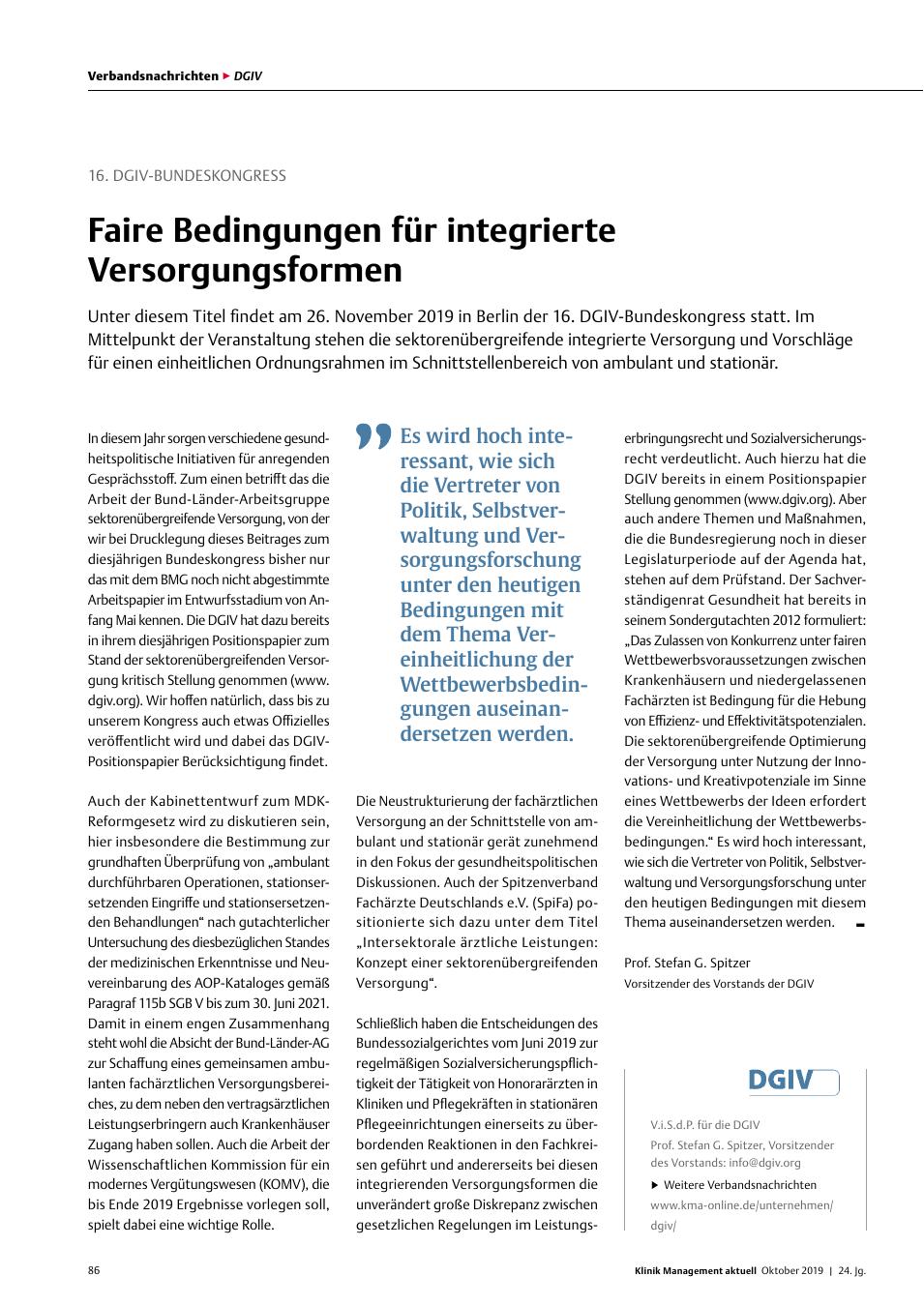 Vorschauseite 1: 16. DGIV-BUNDESKONGRESS: Faire Bedingungen für integrierte Versorgungsformen