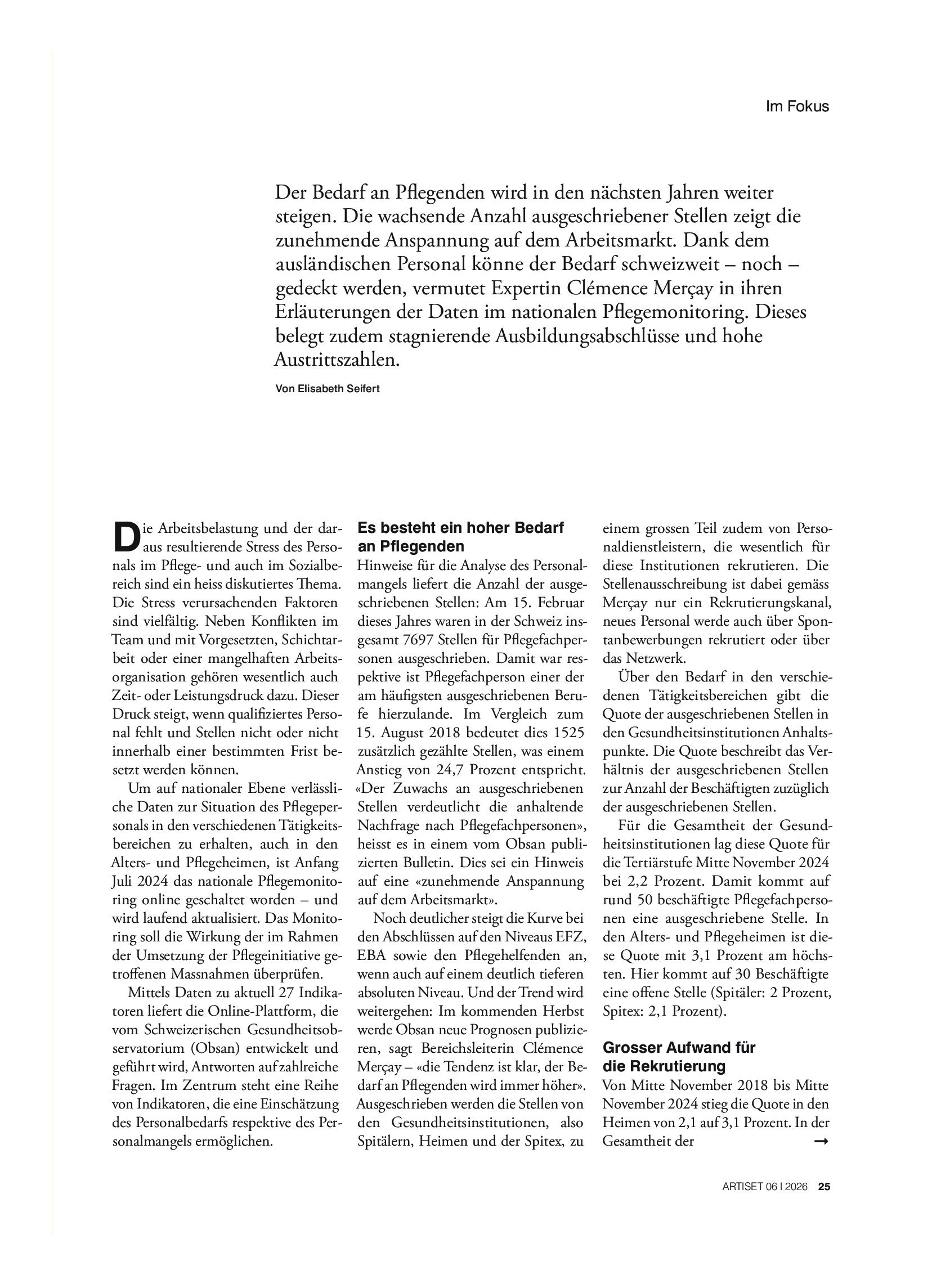 Vorschauseite 2: Ein nationales Monitoring gibt Einblick in die Situation der Pflegenden