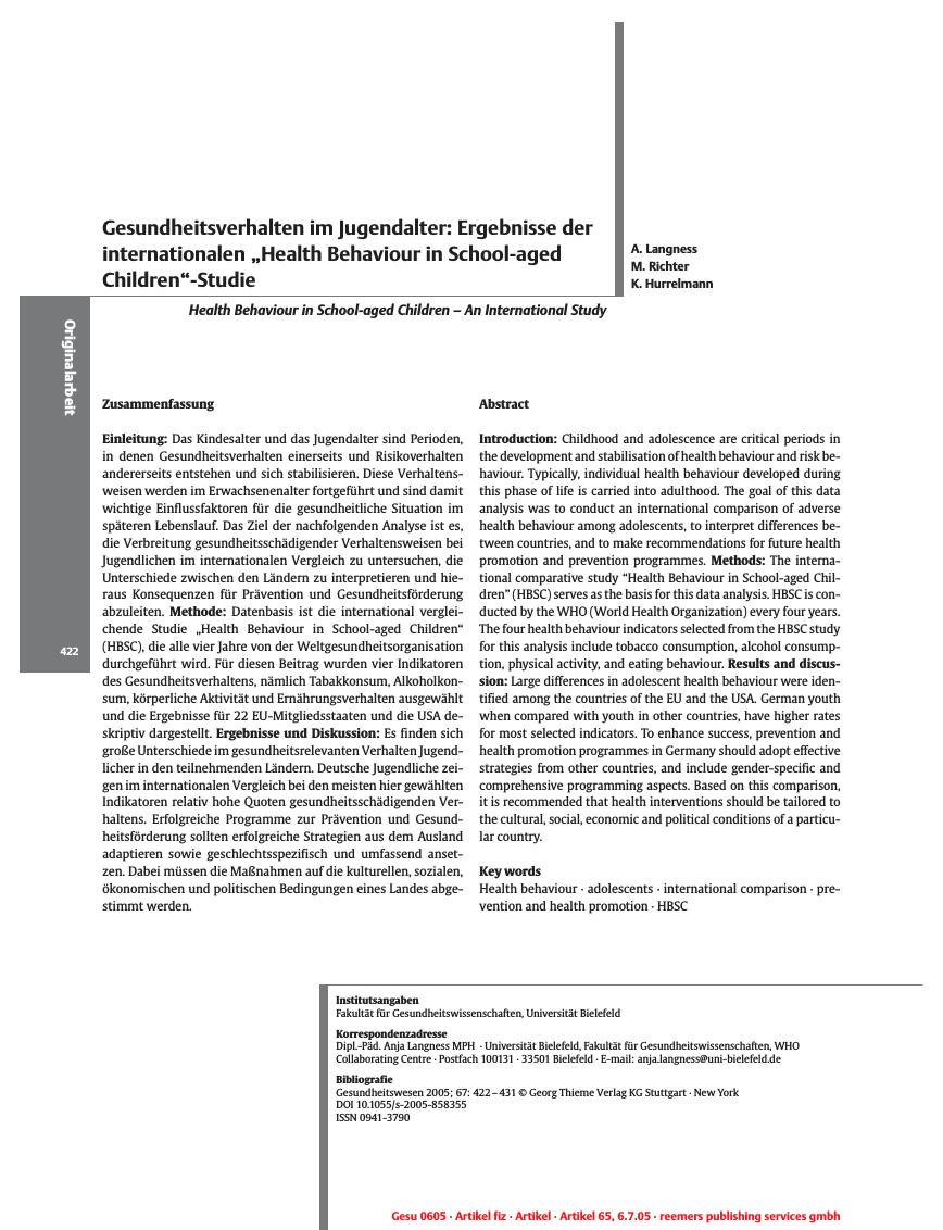 Vorschauseite 1: Gesundheitsverhalten im Jugendalter: Ergebnisse der internationalen „Health Behaviour in School-aged Children”-Studie