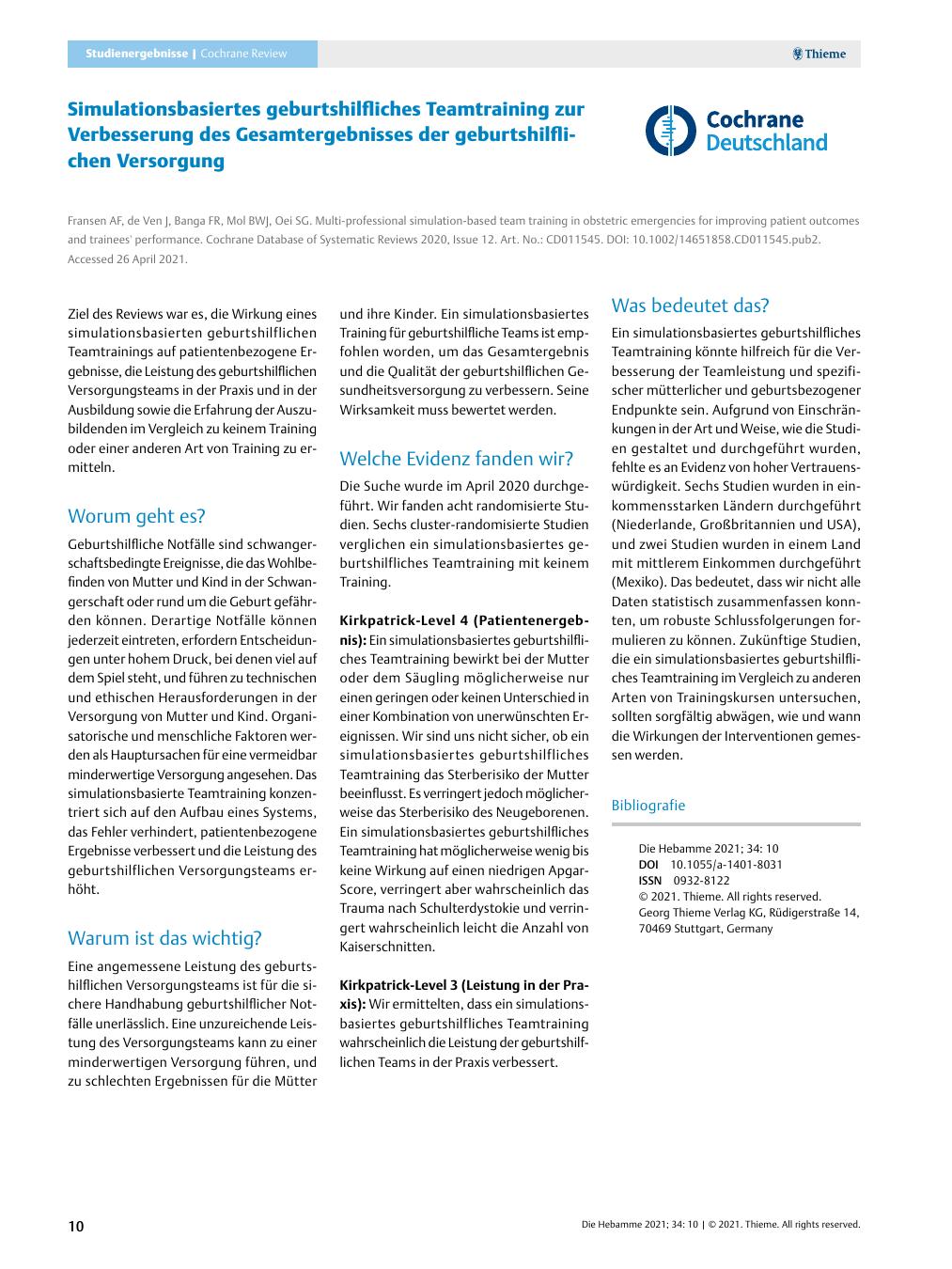 Vorschauseite 1: Simulationsbasiertes geburtshilfliches Teamtraining zur Verbesserung des Gesamtergebnisses der geburtshilflichen Versorgung