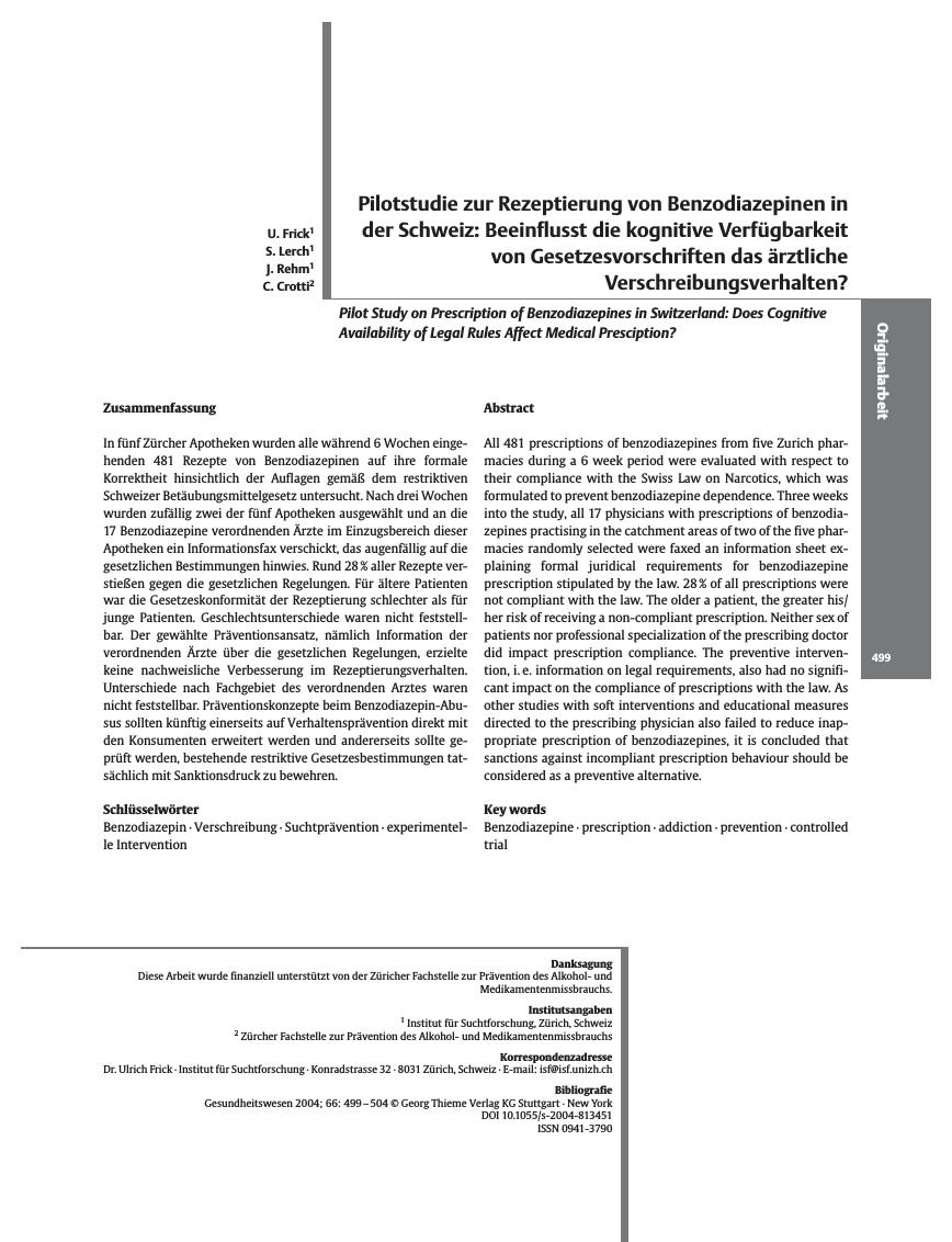 Vorschauseite 1: Pilotstudie zur Rezeptierung von Benzodiazepinen in der Schweiz: Beeinflusst die kognitive Verfügbarkeit von Gesetzesvorschriften das ärztliche Verschreibungsverhalten?