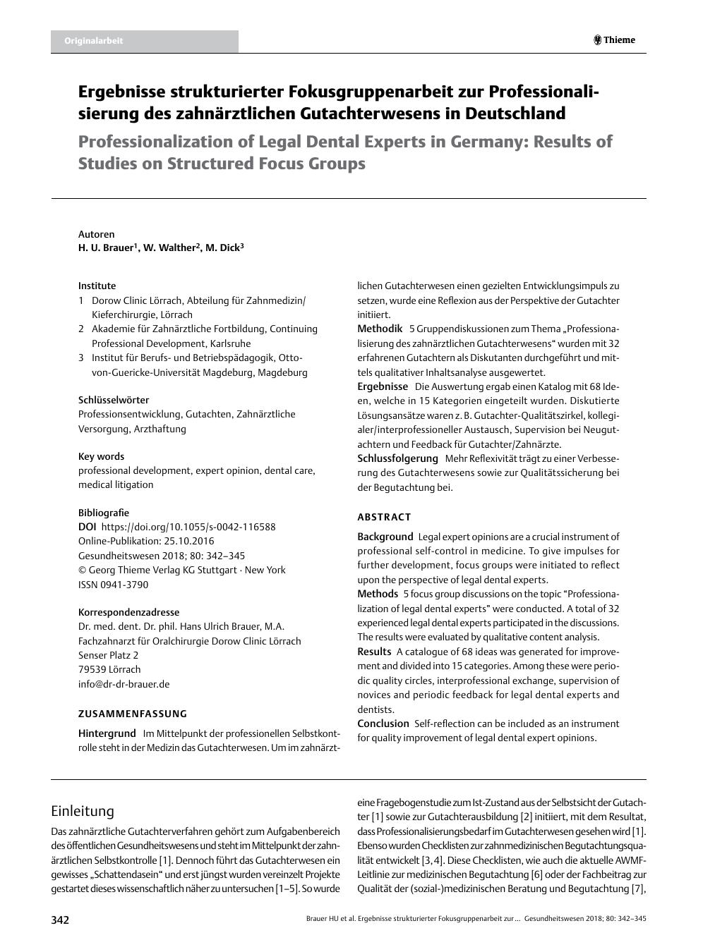 Vorschauseite 1: Ergebnisse strukturierter Fokusgruppenarbeit zur Professionalisierung des zahnärztlichen Gutachterwesens in Deutschland