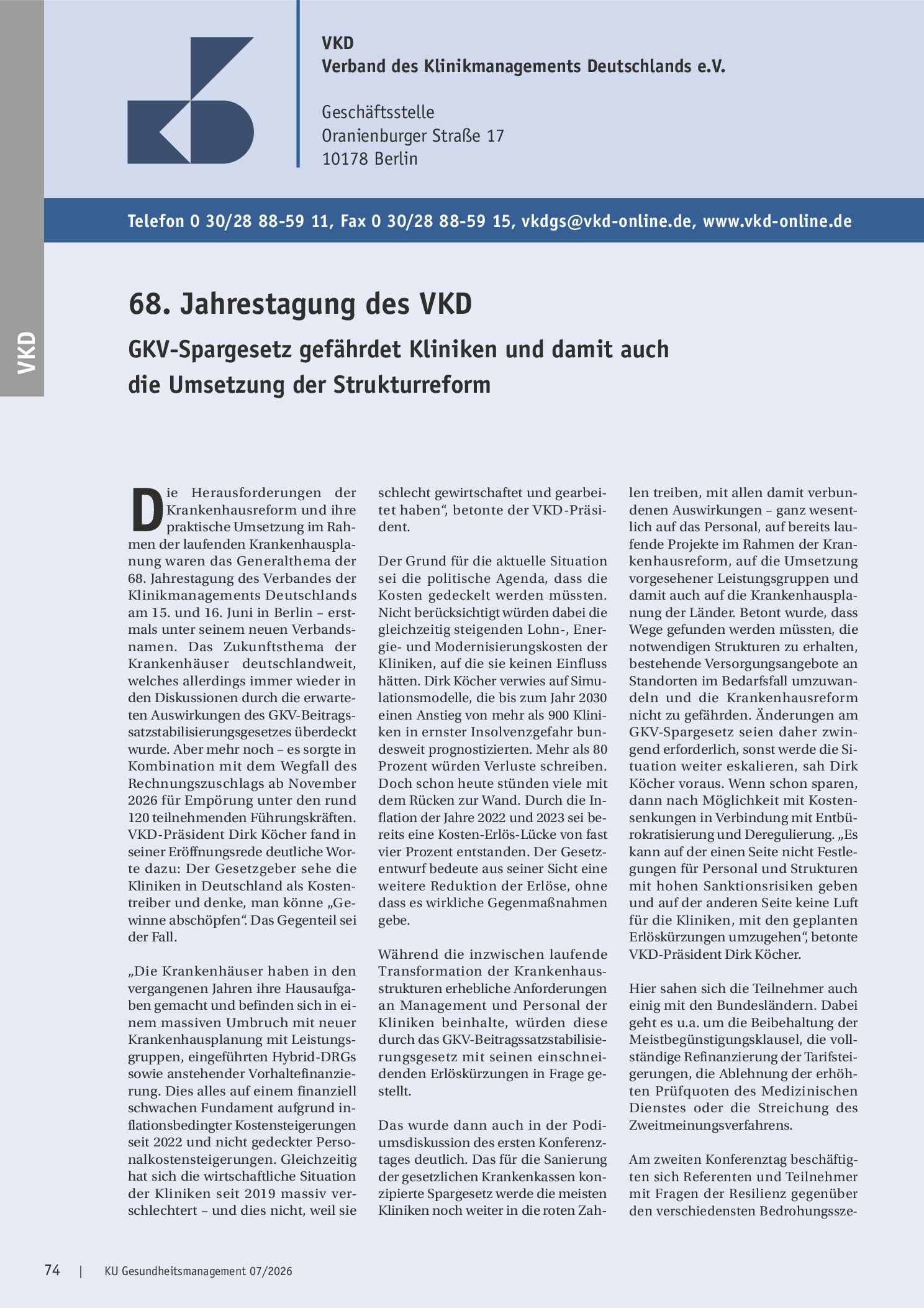 Vorschauseite 1: GKV-Spargesetz gefährdet Kliniken und damit auch die Umsetzung der Strukturreform