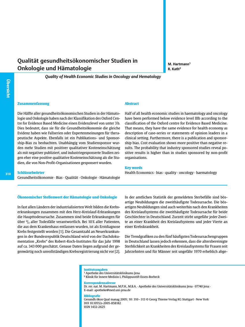 Vorschauseite 1: Qualität gesundheitsökonomischer Studien in Onkologie und Hämatologie