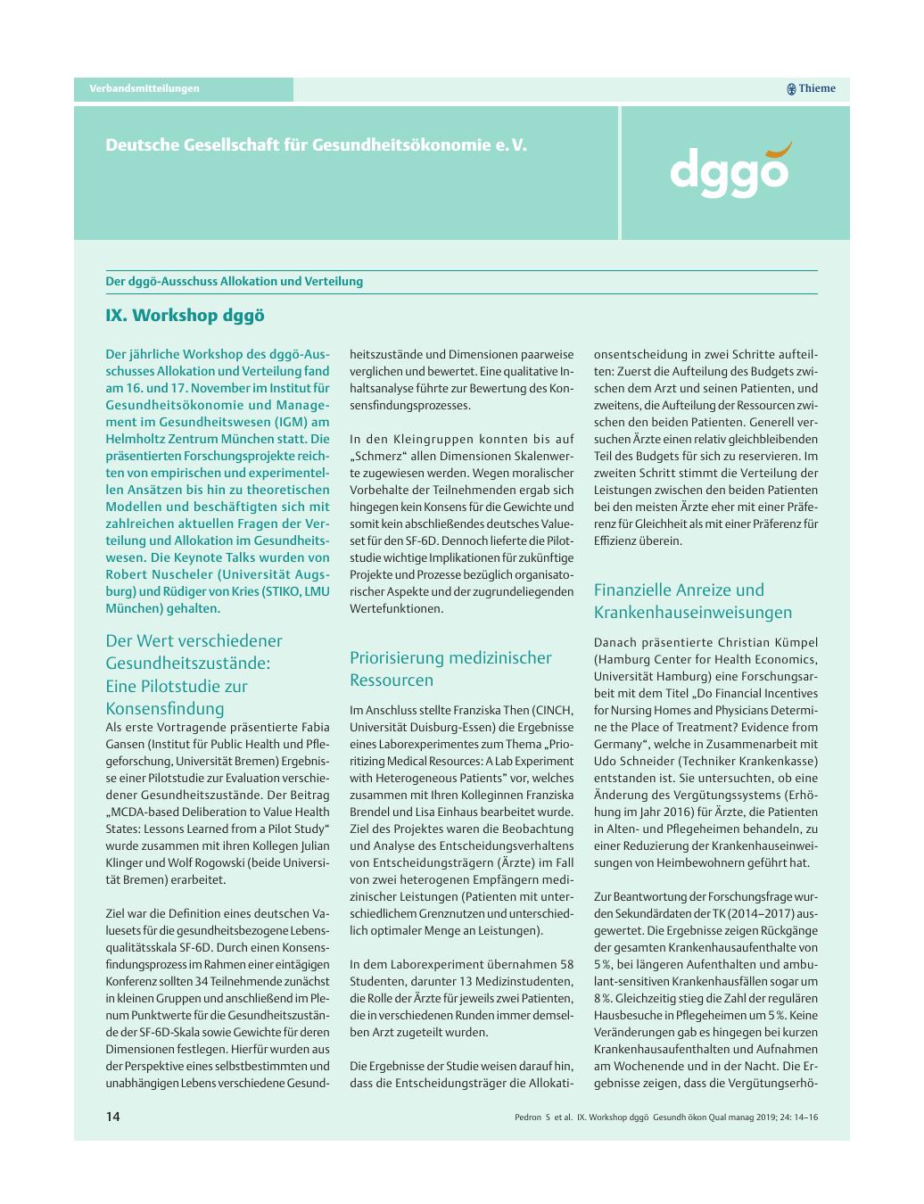 Vorschauseite 1: Der dggö-Ausschuss Allokation und Verteilung ? IX. Workshop dggö