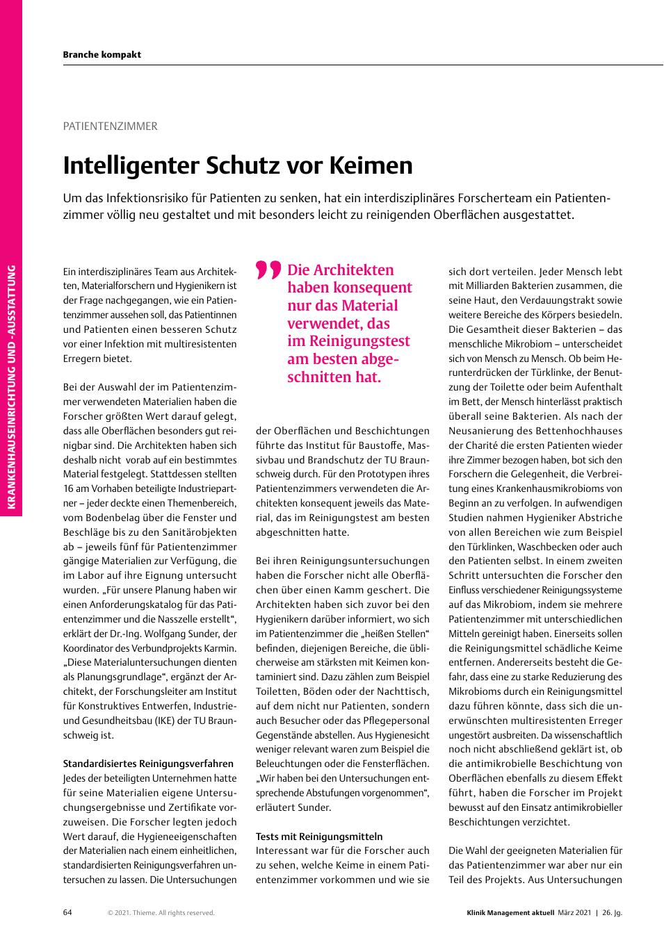 Vorschauseite 1: Patientenzimmer: Intelligenter Schutz vor Keimen