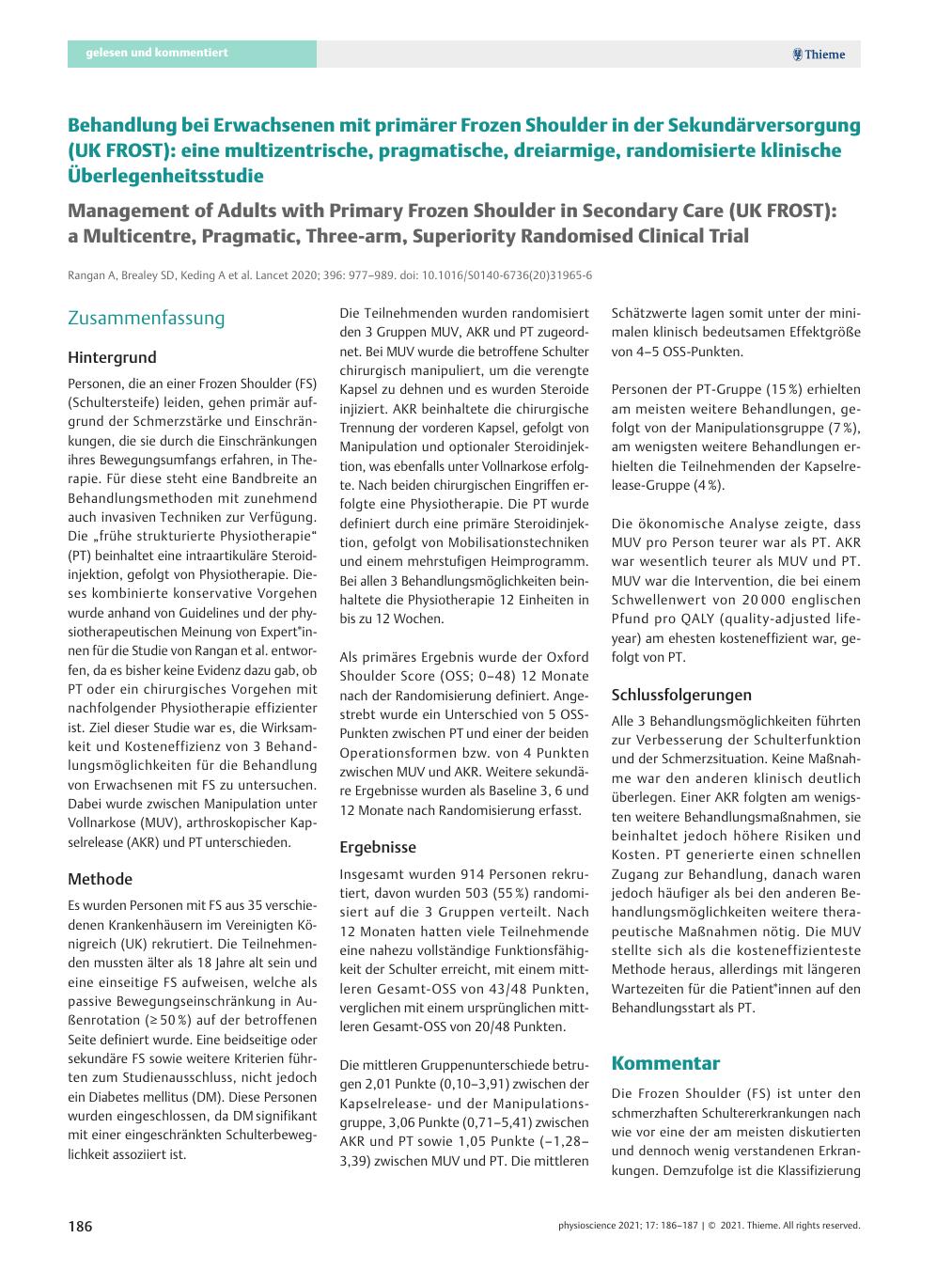 Vorschauseite 1: Behandlung bei Erwachsenen mit primärer Frozen Shoulder in der Sekundärversorgung (UK FROST): eine multizentrische, pragmatische, dreiarmige, randomisierte klinische Überlegenheit…