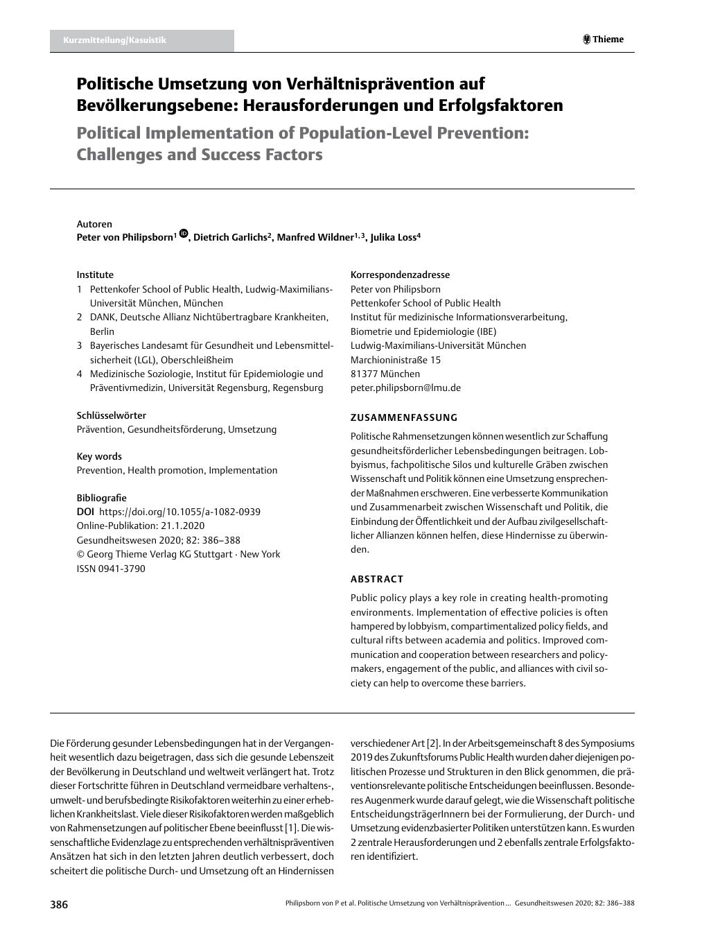 Vorschauseite 1: Politische Umsetzung von Verhältnisprävention auf Bevölkerungsebene: Herausforderungen und Erfolgsfaktoren