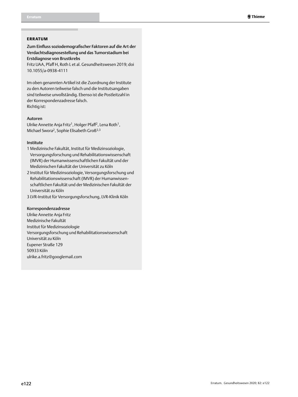 Vorschauseite 1: Erratum: Zum Einfluss soziodemografischer Faktoren auf die Art der Verdachtsdiagnosestellung und das Tumorstadium bei Erstdiagnose von Brustkrebs