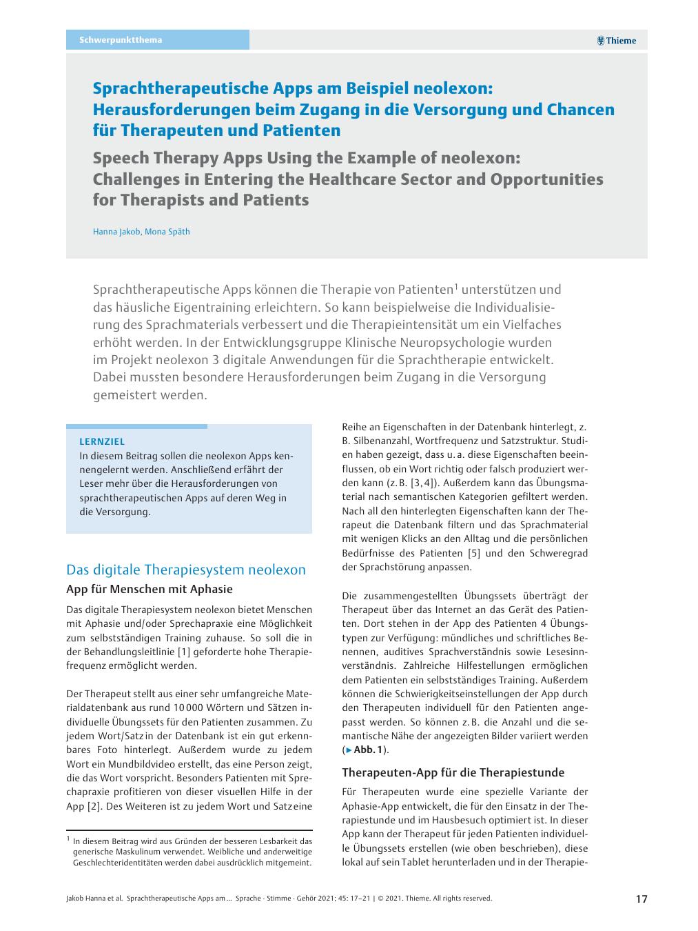 Vorschauseite 1: Sprachtherapeutische Apps am Beispiel Neolexon: Herausforderungen beim Zugang in die Versorgung und Chancen für Therapeuten und Patienten