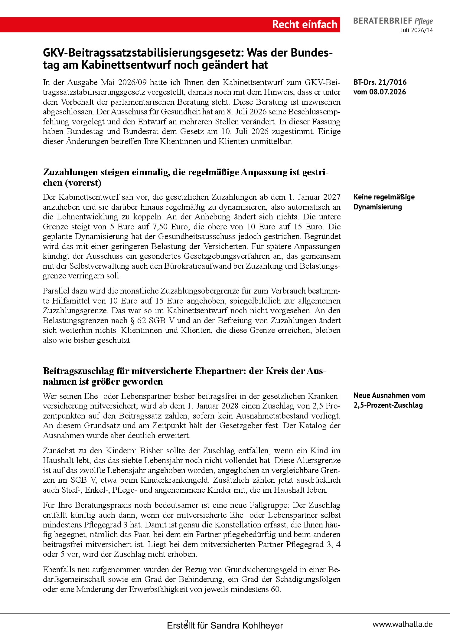 Vorschauseite 2: Beraterbrief Pflege, Ausgabe Juli 2026/14