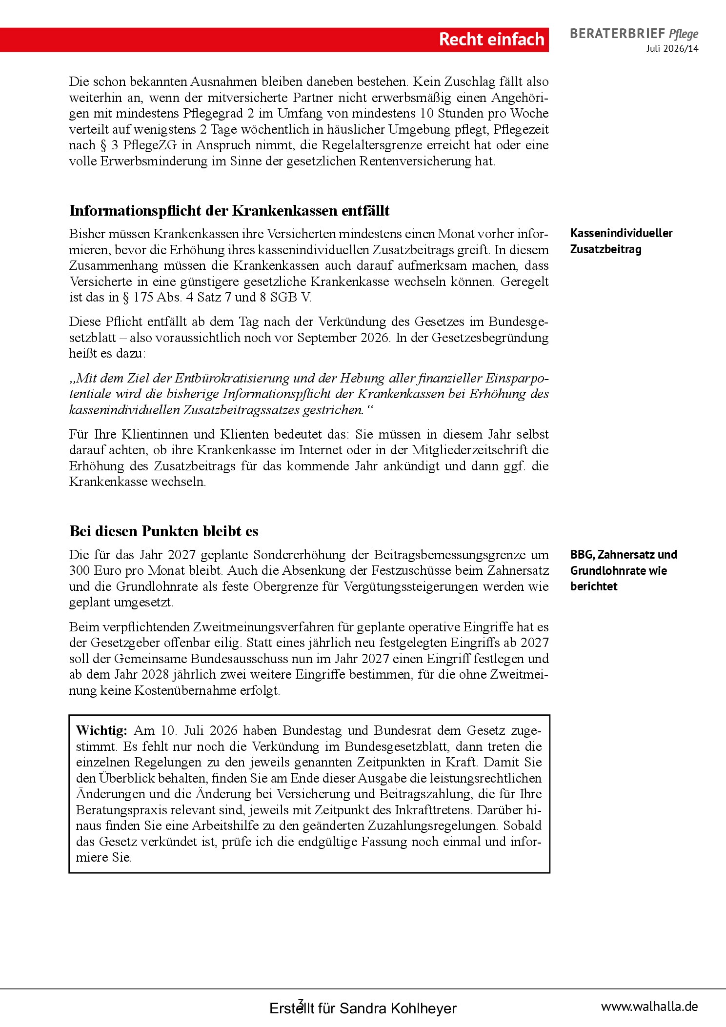 Vorschauseite 3: Beraterbrief Pflege, Ausgabe Juli 2026/14