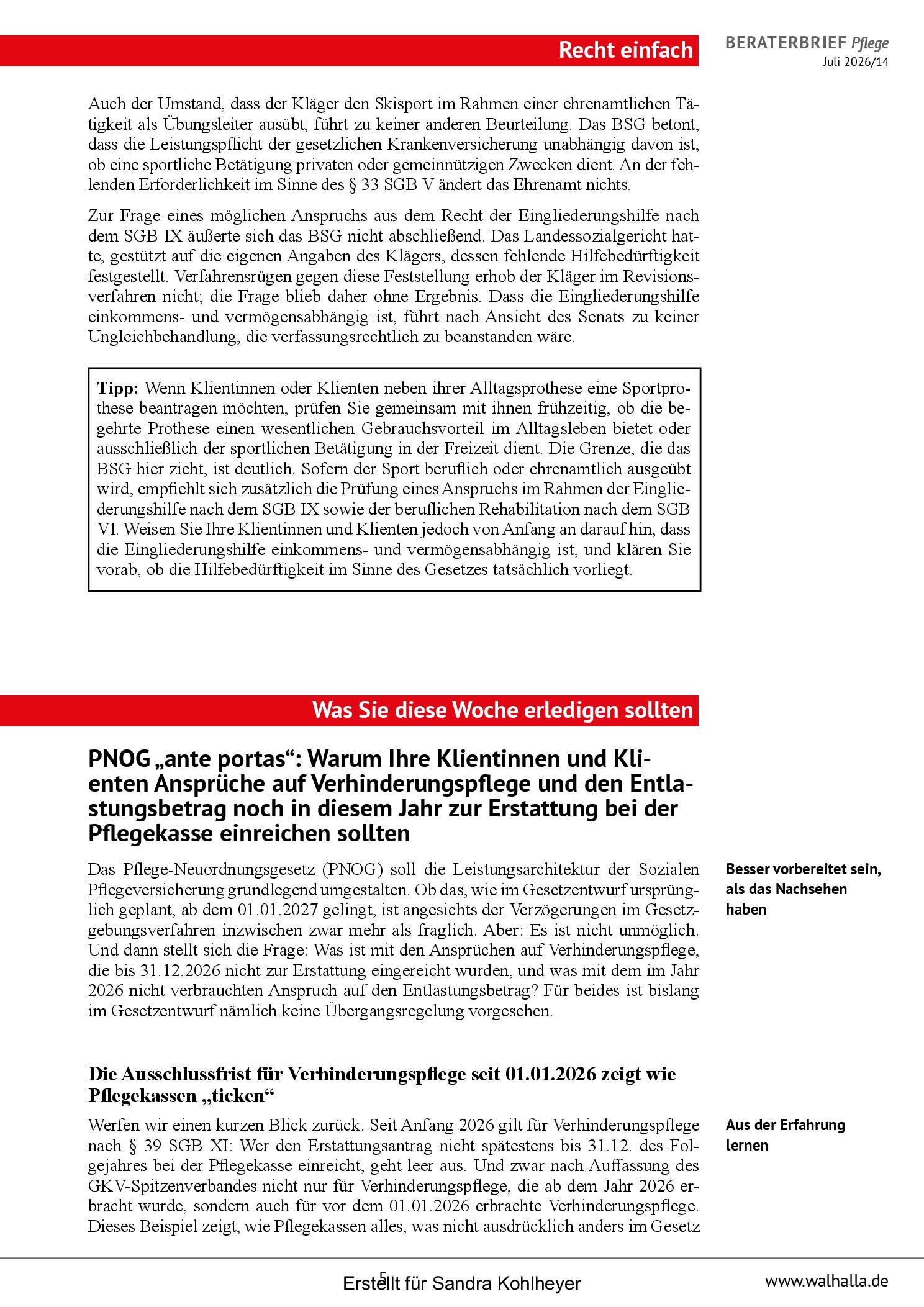 Vorschauseite 5: Beraterbrief Pflege, Ausgabe Juli 2026/14
