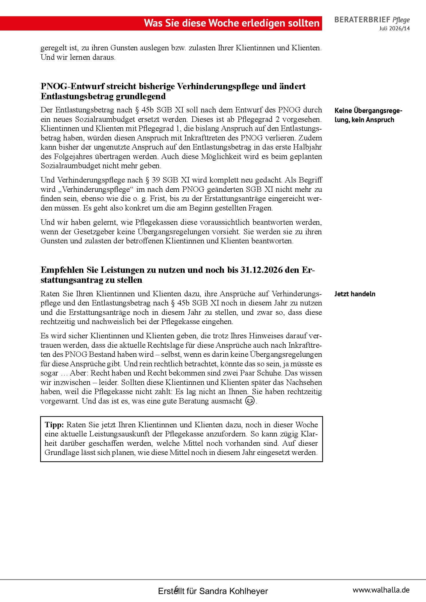 Vorschauseite 6: Beraterbrief Pflege, Ausgabe Juli 2026/14