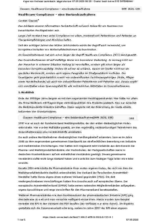 Vorschauseite 1: Healthcare-Compliance – eine Bestandsaufnahme