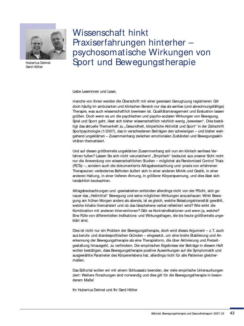 Vorschauseite 1: Wissenschaft hinkt Praxiserfahrungen hinterher - psychosomatische Wirkungen von Sport und Bewegungstherapie