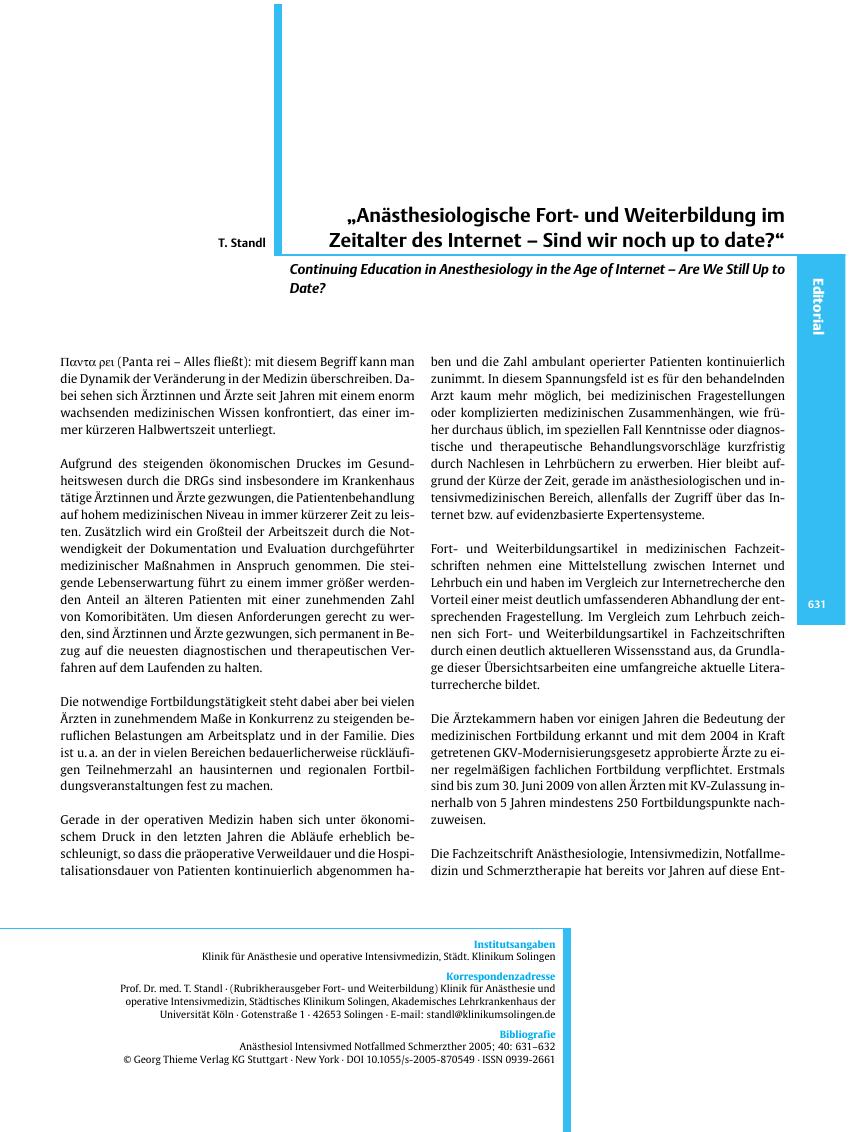 Vorschauseite 1: „Anästhesiologische Fortund Weiterbildung im Zeitalter des Internet - Sind wir noch up to date? ”