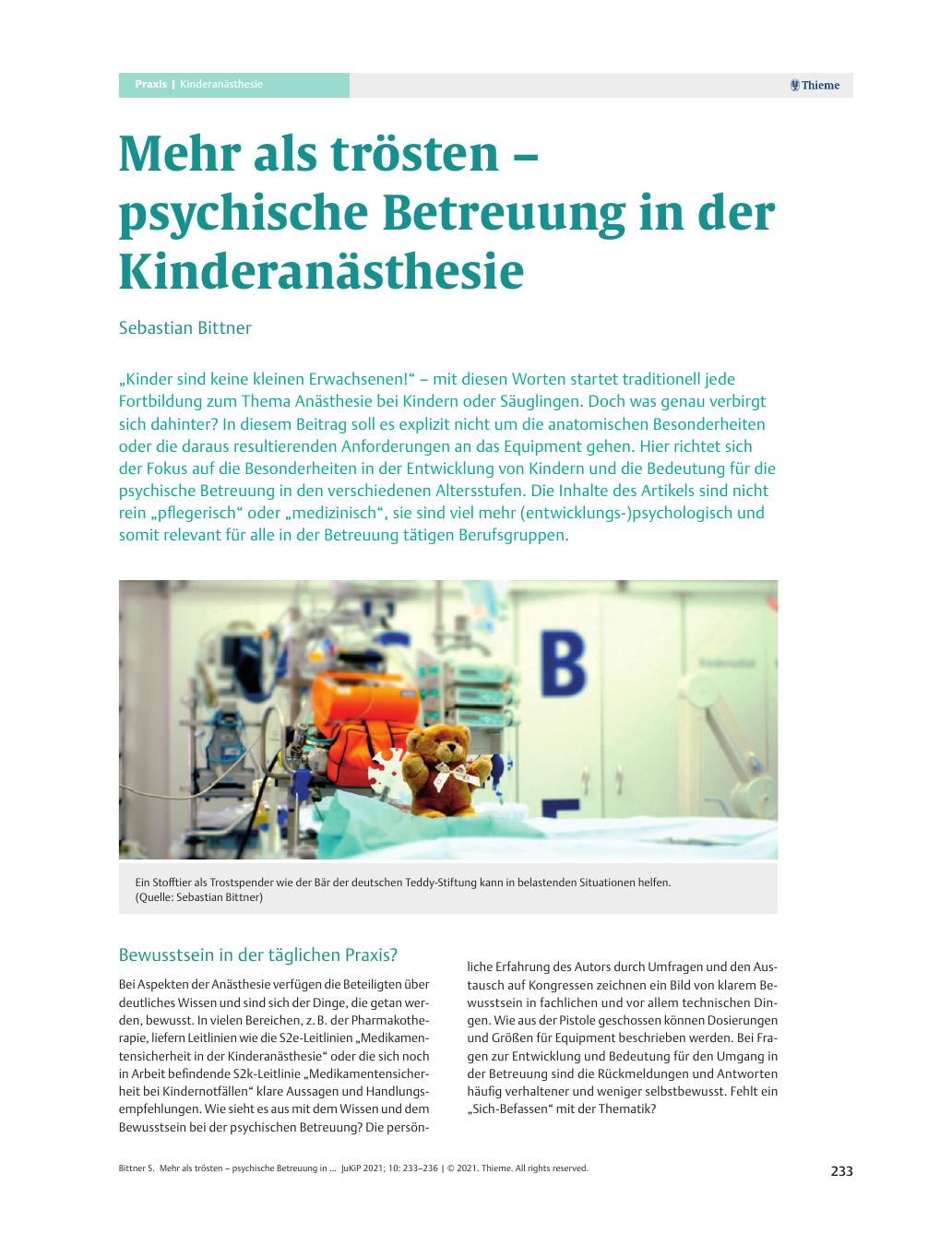 Vorschauseite 1: Mehr als trösten – psychische Betreuung in der Kinderanästhesie