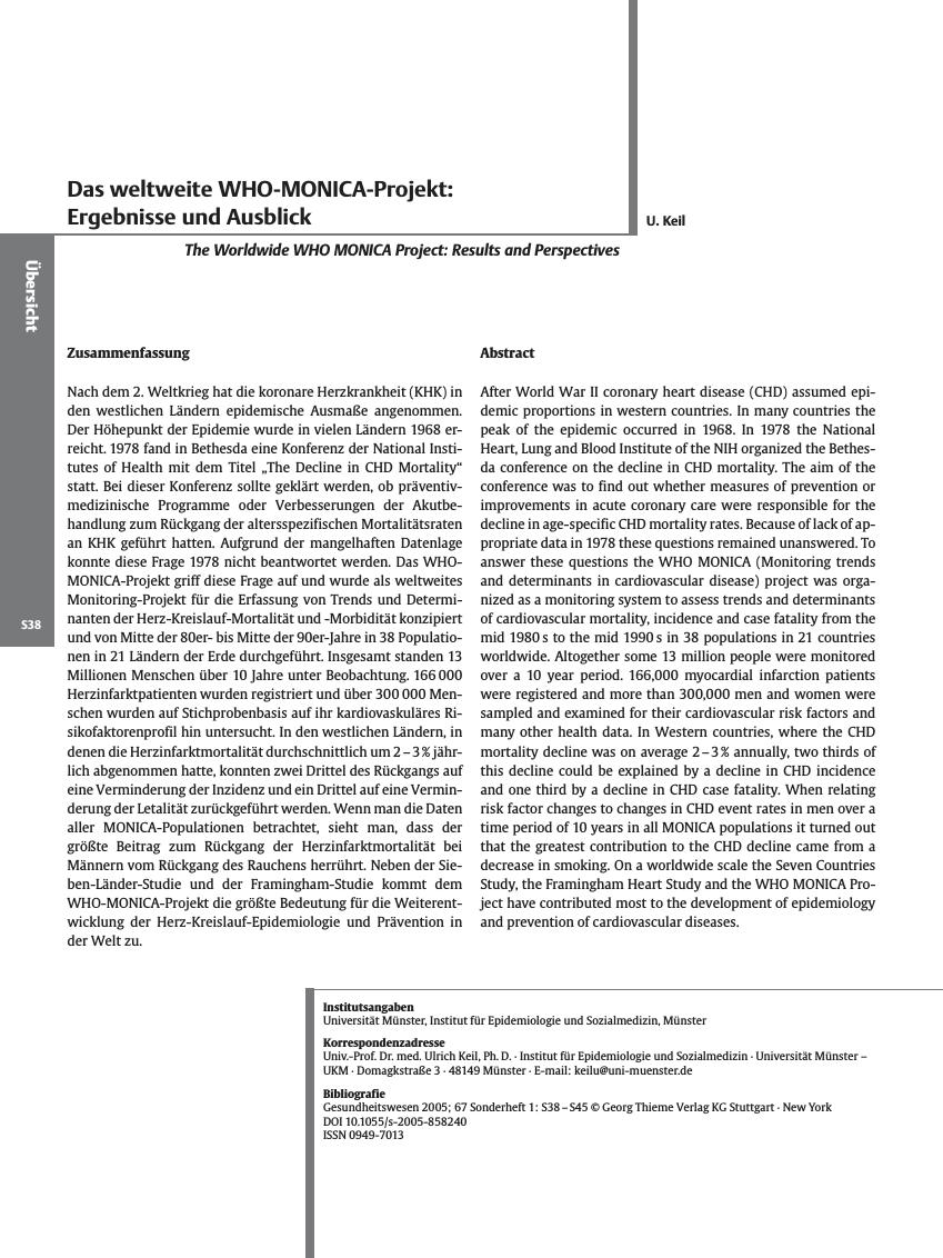 Vorschauseite 1: Das weltweite WHO-MONICA-Projekt: Ergebnisse und Ausblick