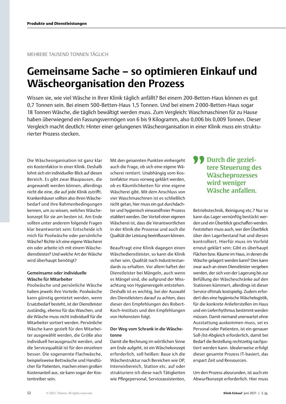 Vorschauseite 1: Mehrere tausend Tonnen täglich: Gemeinsame Sache – so optimieren Einkauf und Wäscheorganisation den Prozess