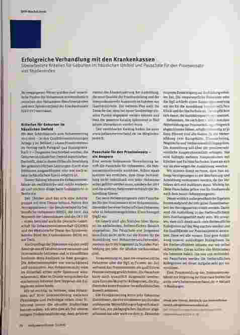 Vorschauseite 1: Erfolgreiche Verhandlung mit den Krankenkassen. Überarbeitete Kriterien für Geburten im häuslichen Umfeld und Pauschale für den Praxiseinsatz von Studierenden.