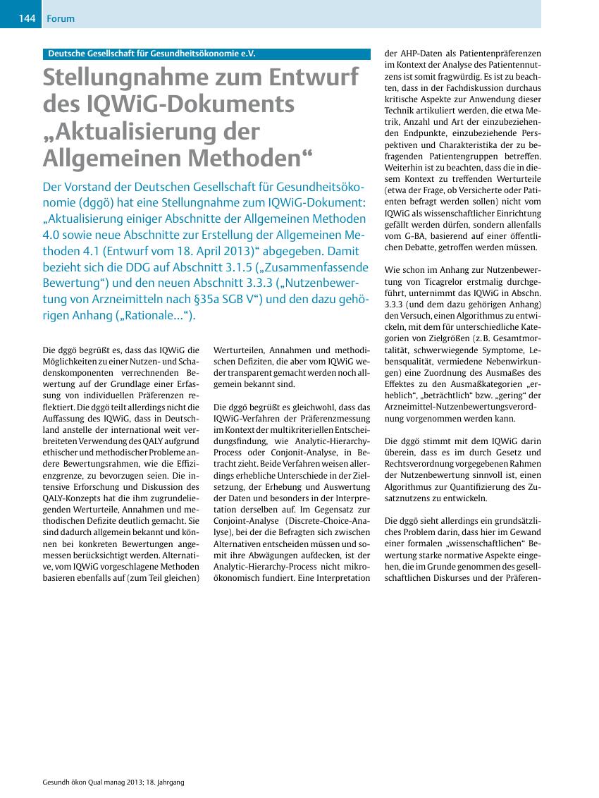 Vorschauseite 1: Deutsche Gesellschaft für Gesundheitsökonomie e.V. ? Stellungnahme zum Entwurf des IQWiG-Dokuments ?Aktualisierung der Allgemeinen Methoden?