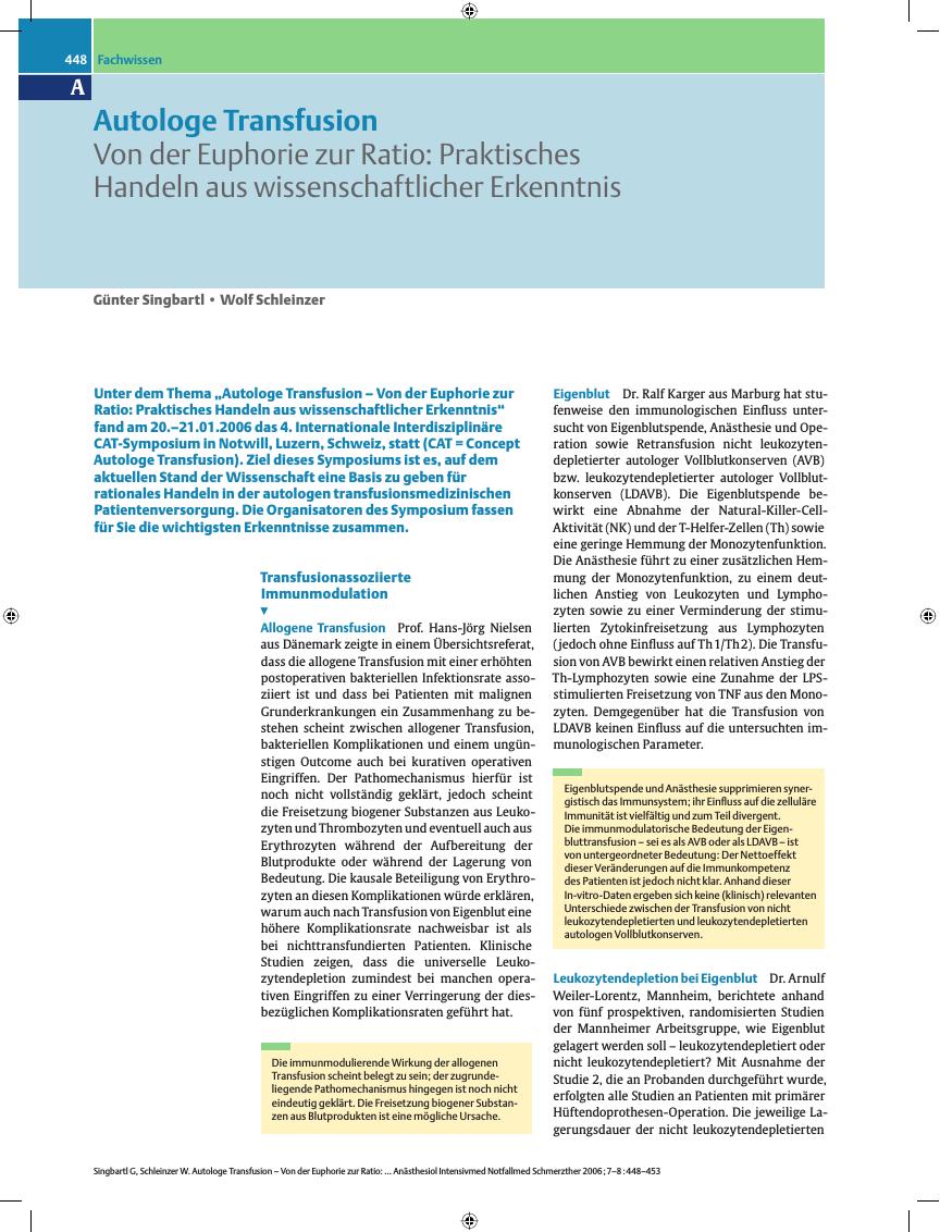 Vorschauseite 1: Autologe Transfusion - Von der Euphorie zur Ratio: Praktisches Handeln aus wissenschaftlicher Erkenntnis