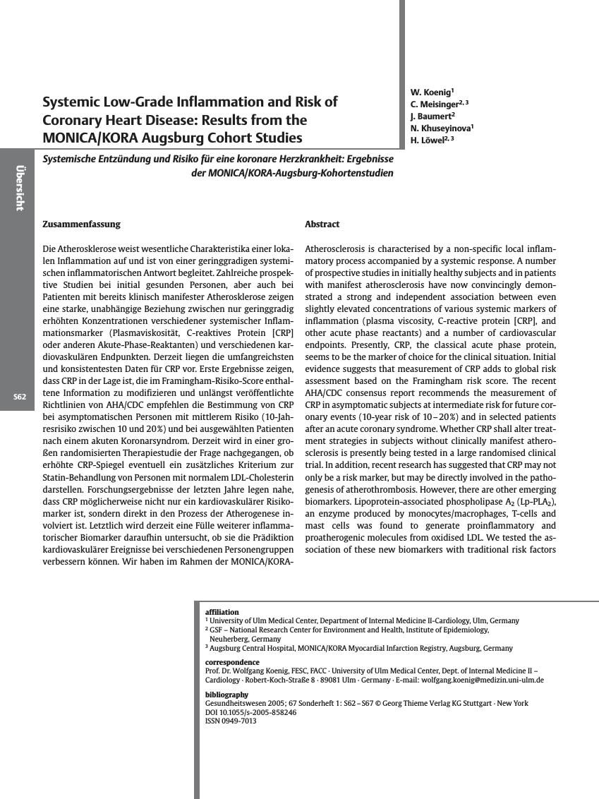 Vorschauseite 1: Systemic Low-Grade Inflammation and Risk of Coronary Heart Disease: Results from the MONICA/KORA Augsburg Cohort Studies