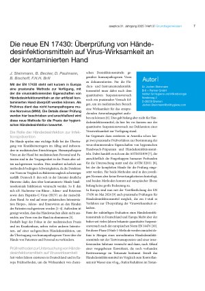 Vorschauseite 1: Die neue EN 17430: Überprüfung von Händedesinfektionsmitteln auf Virus-Wirksamkeit an der kontaminierten Hand