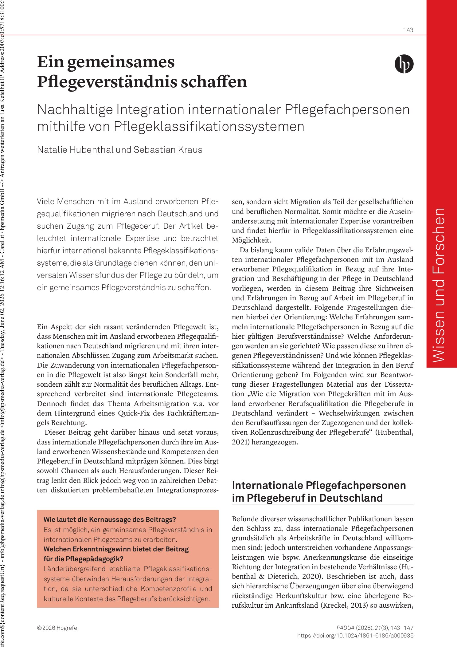 Vorschauseite 1: Ein gemeinsames Pflegeverständnis schaffen. Nachhaltige Integration internationaler Pflegefachpersonen mithilfe von Pflegeklassifikationssystemen