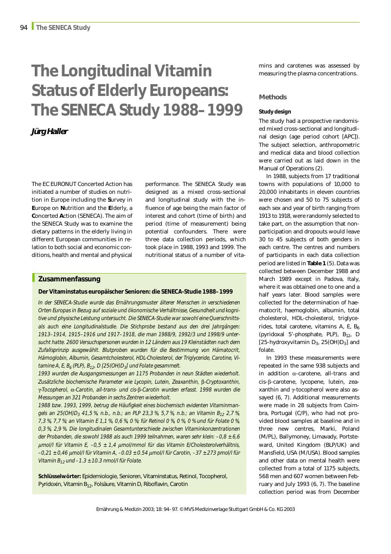 Vorschauseite 1: The Longitudinal Vitamin Status of Elderly Europeans: The SENECA Study 1988-1999
