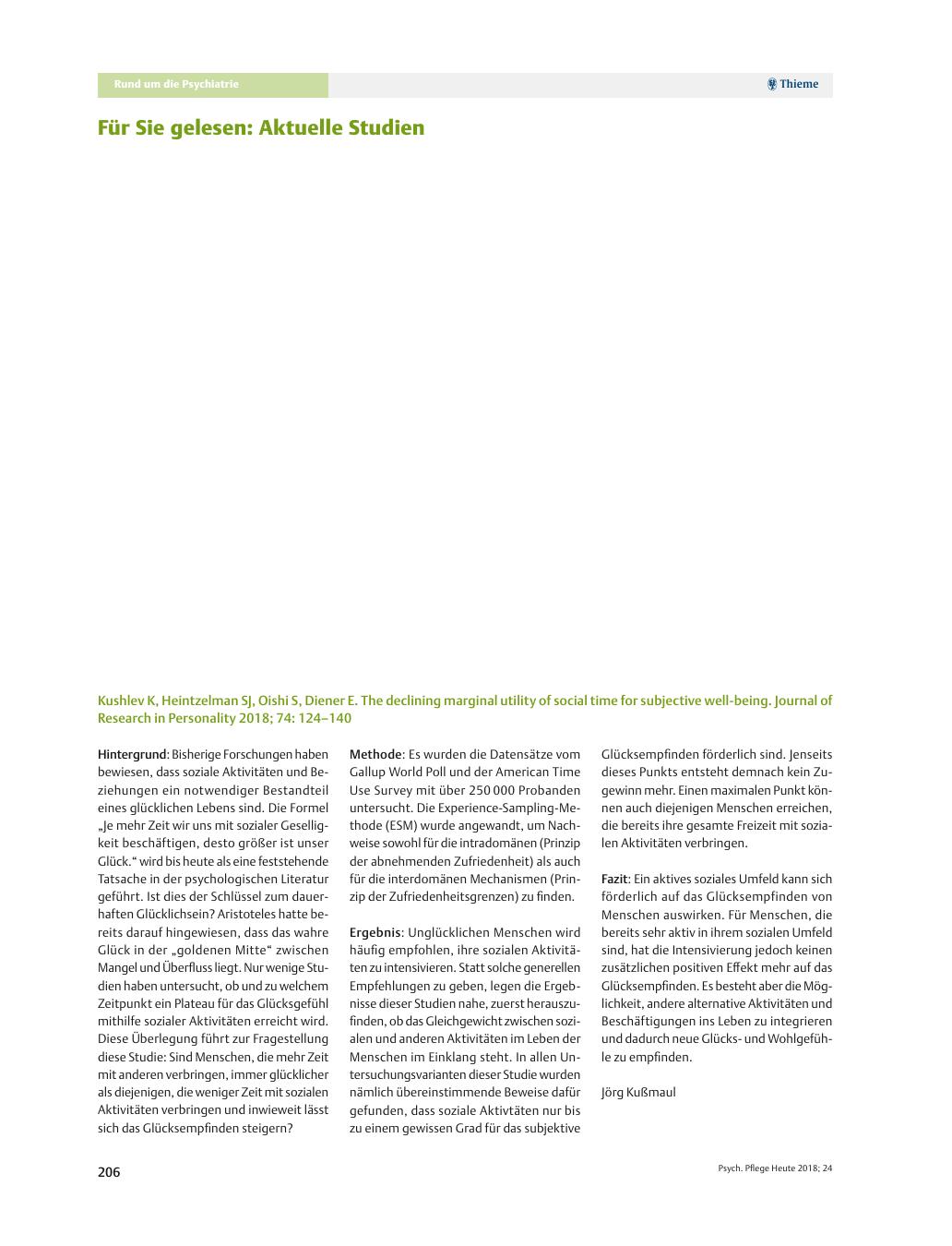 Vorschauseite 1: Für Sie gelesen: Aktuelle Studien: Kushlev K, Heintzelman SJ, Oishi S, Diener E. The declining marginal utility of social time for subjective well-being. Journal of Research in Pe…