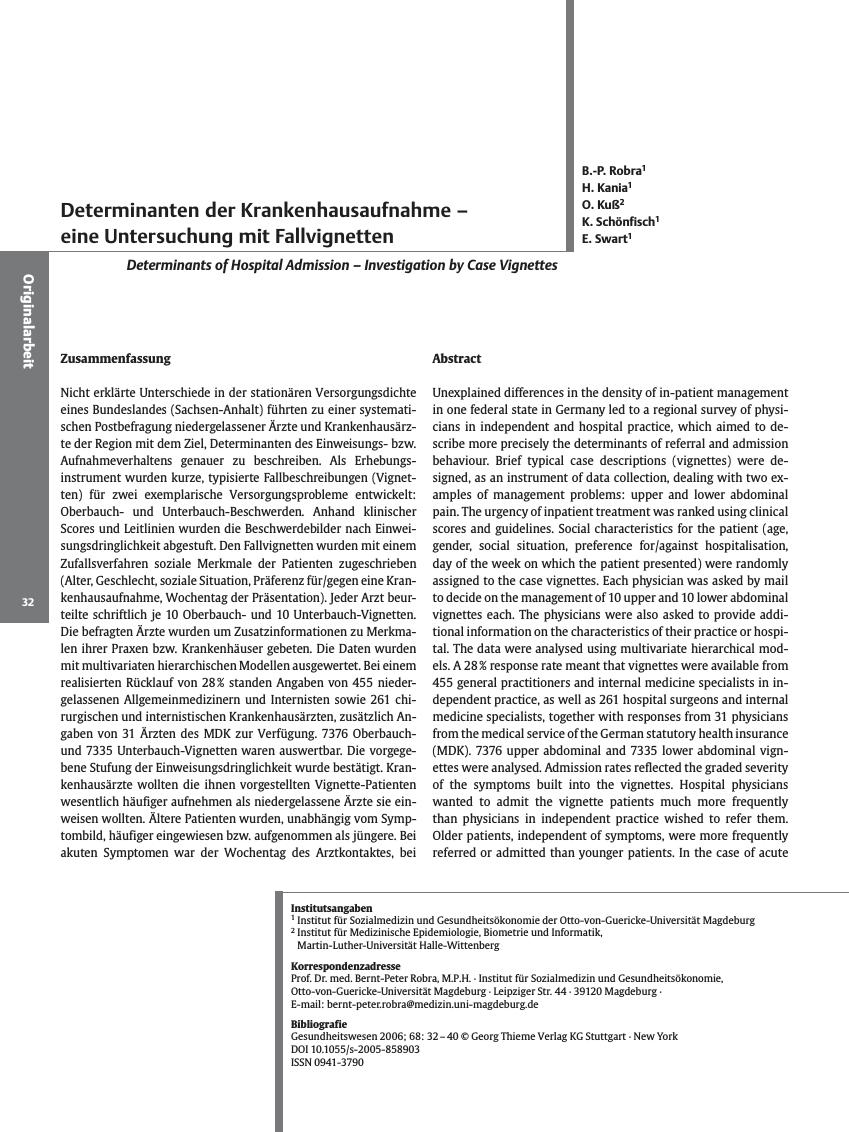 Vorschauseite 1: Determinanten der Krankenhausaufnahme - eine Untersuchung mit Fallvignetten