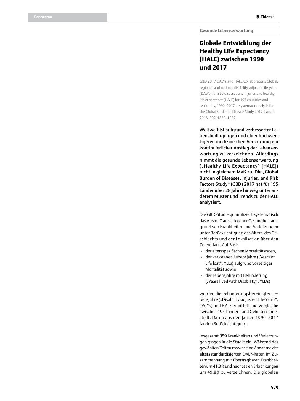 Vorschauseite 1: Globale Entwicklung der Healthy Life Expectancy (HALE) zwischen 1990 und 2017